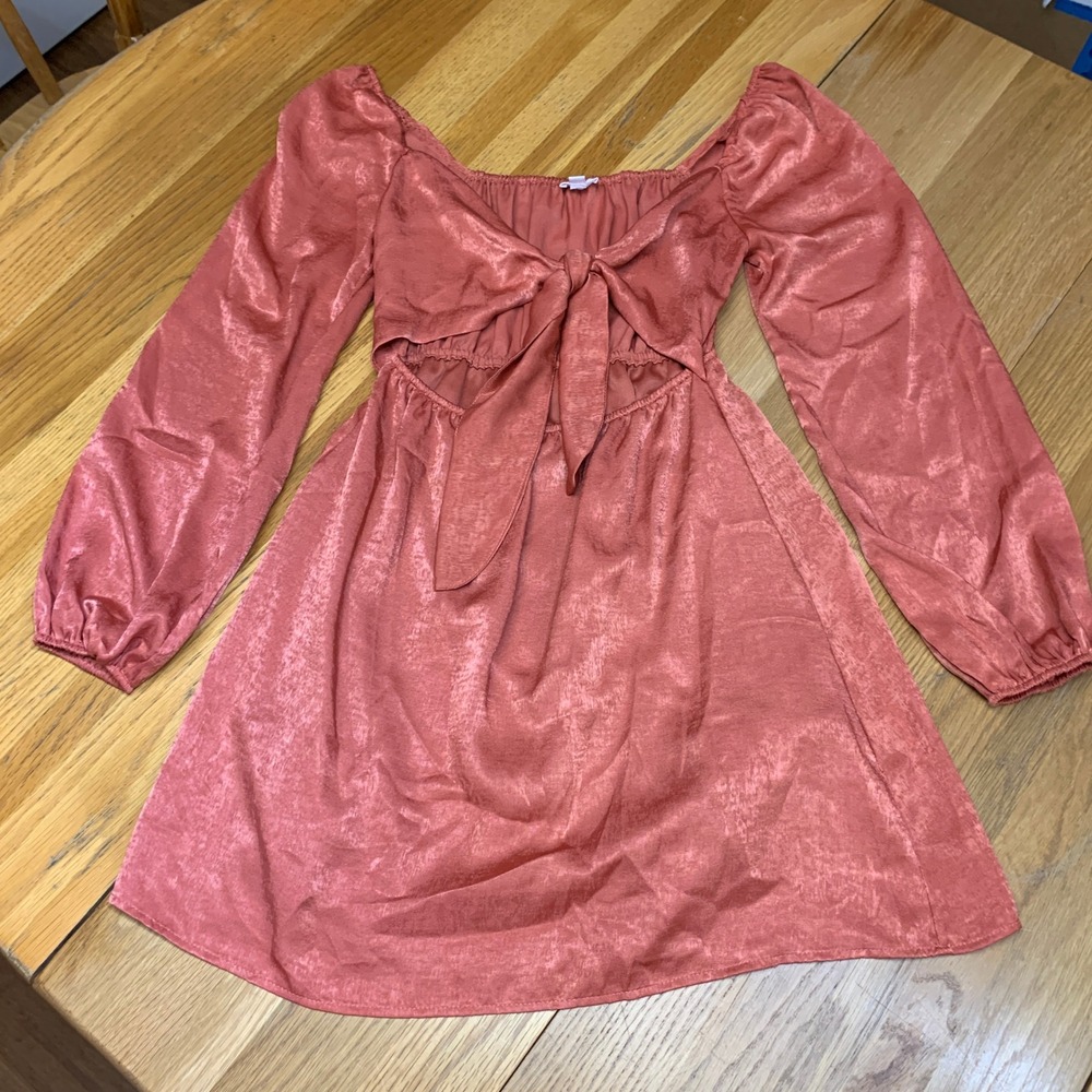 Le Lis Collection Terracotta Pink Satin Tie Front Cutout Mini Dress KD5271 Small